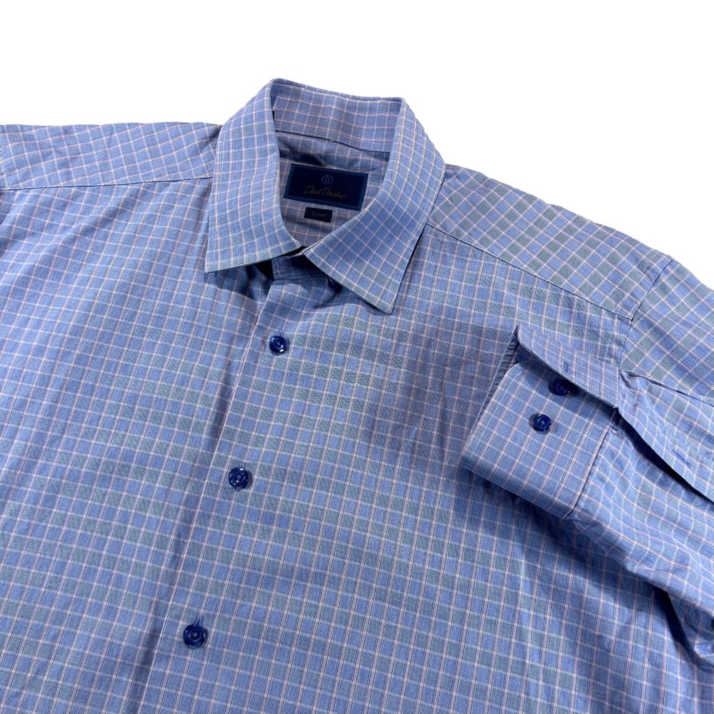 David Donahue Dress Shirt Mens 17.5 34/35 Blue Pink Grid Trim Fit Cotton